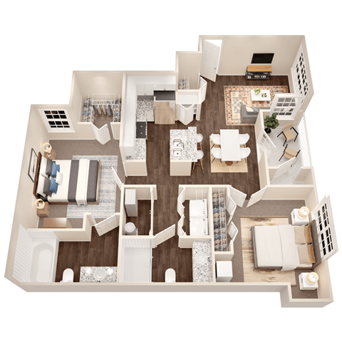 Floor plan for 2 beds, 2 baths, 1079 sqft